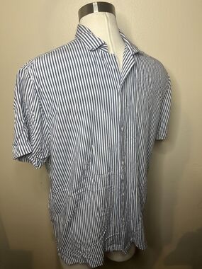 Men's Super Casual..sweet Blue and White Striped Short-Sleeve Button-Up Shirt